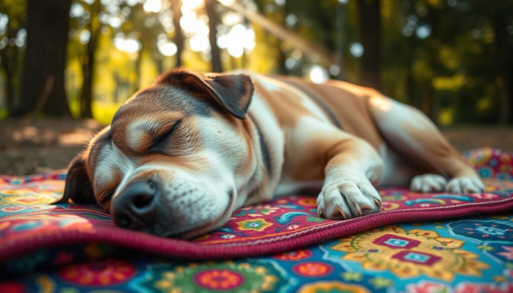 Blind and deaf dog on a scented mat