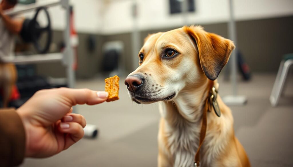 Dog learning leave it command