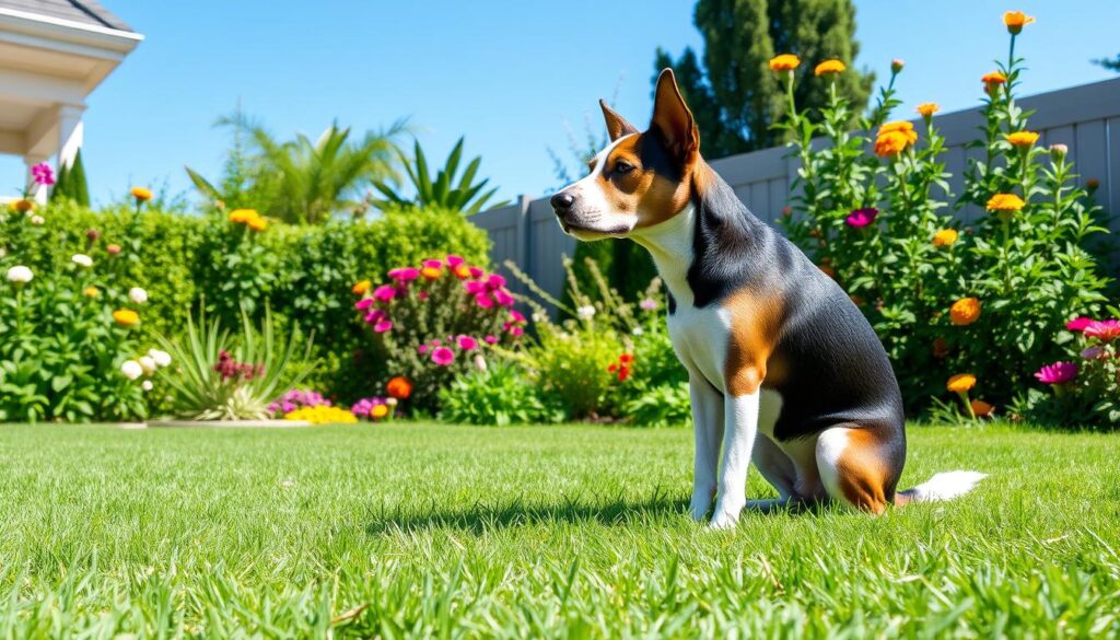 Male dog squatting during potty training