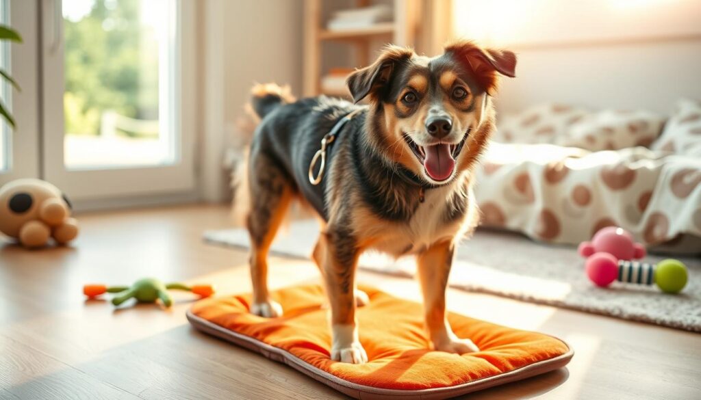 Male dog using pee pad